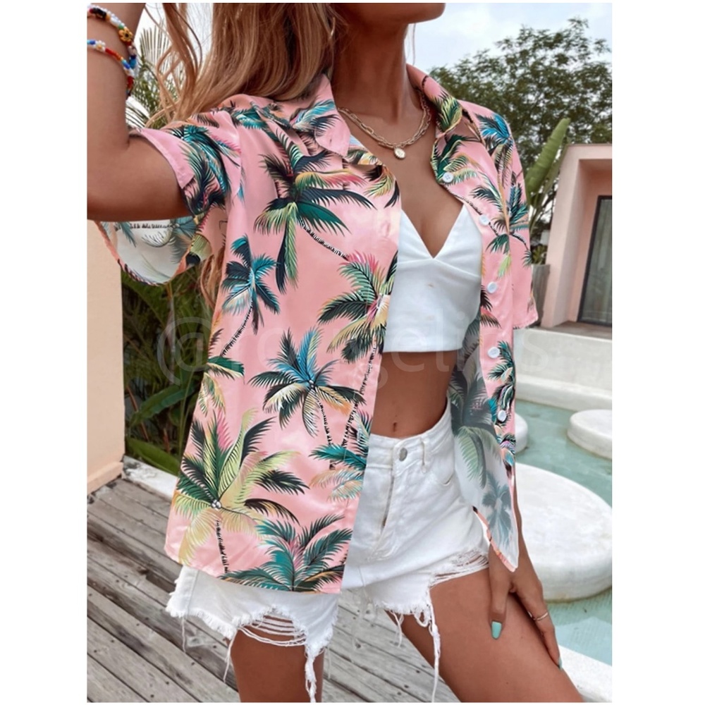 Short Sleeve Button Down Short Tropical Print Pink - Picture 3 of 6